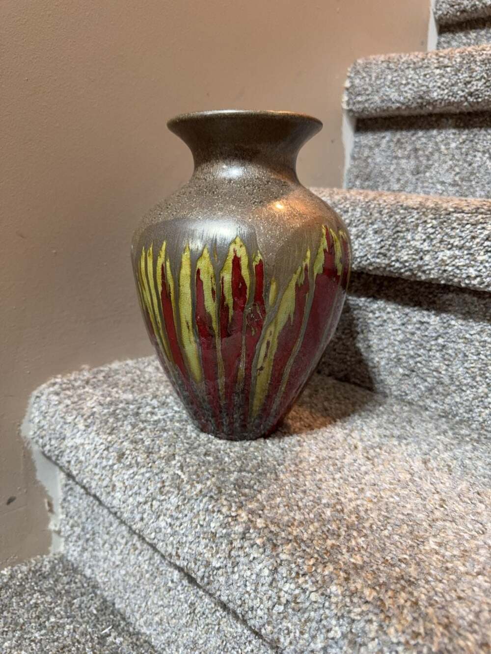 Vintage Studio Pottery Drip Glaze Vase Red and Yellow